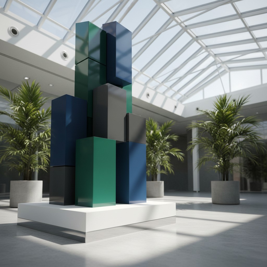 Una escultura moderna de colores vivos en una sala de exposición interior.